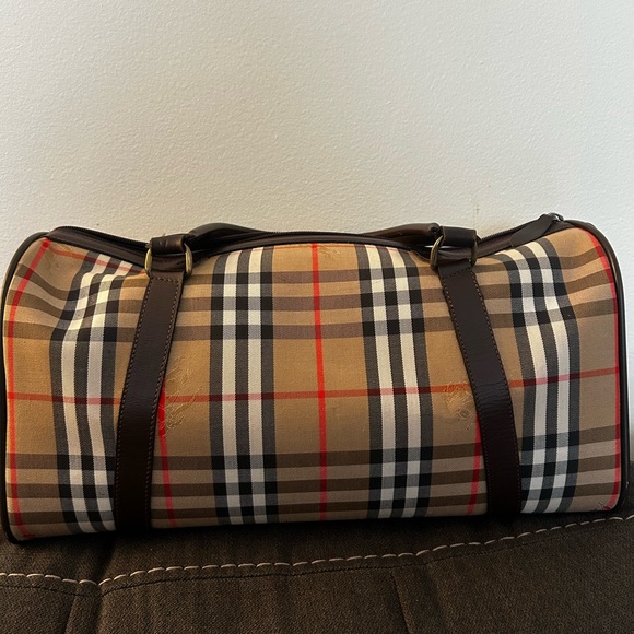 Burberry Haymarket Boston Tan Duffel with Brown Leather Trim 10H x 19W inches - Picture 7 of 15